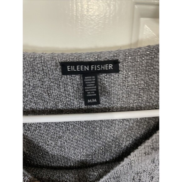 Eileen Fisher Knit metallic silver sweater size M Wool Blend Tiny Flaw Mended - Picture 5 of 9